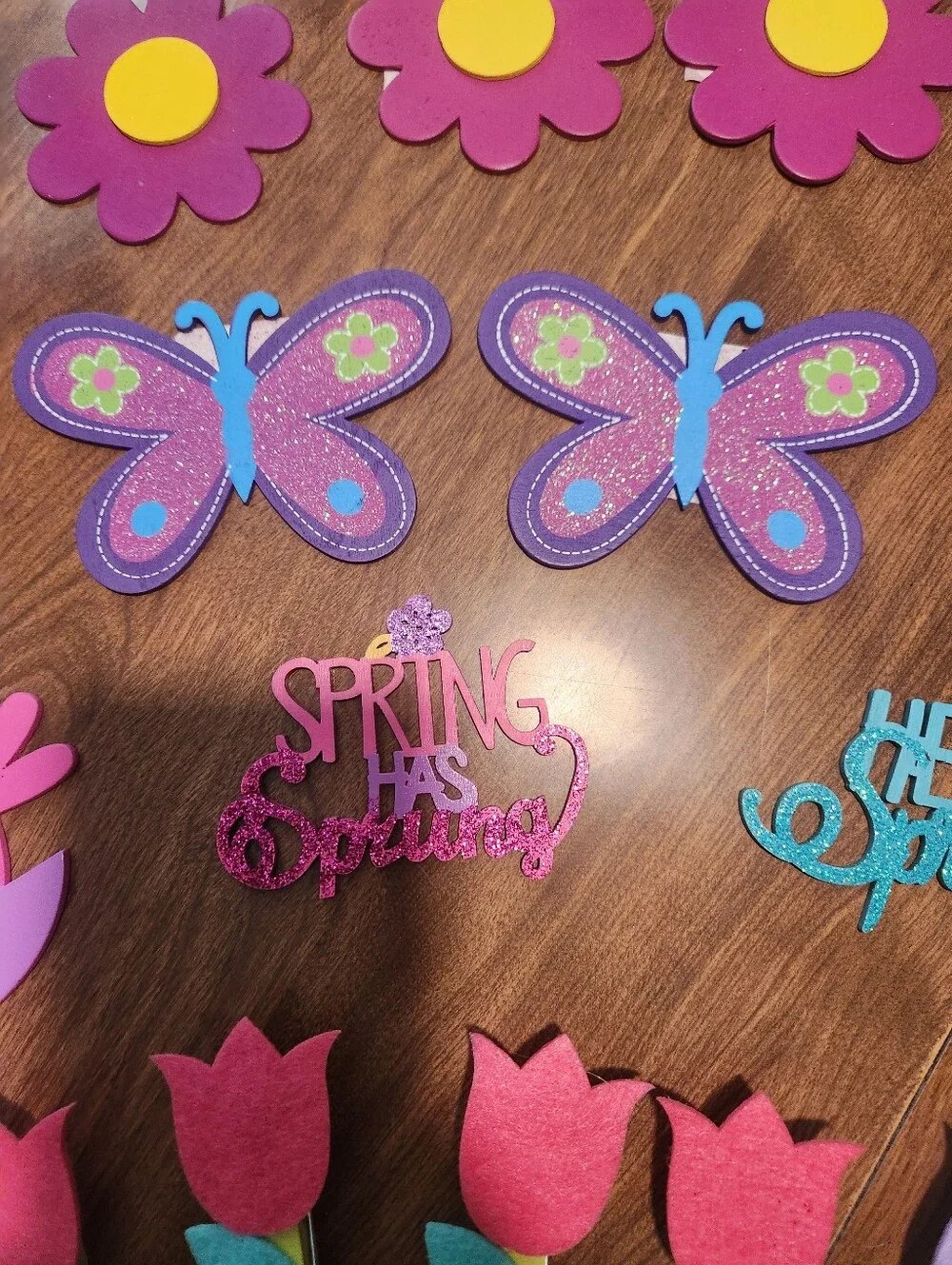 Spring Party Wooden Decorations - Pink & Purple Floral and Butterfly Set